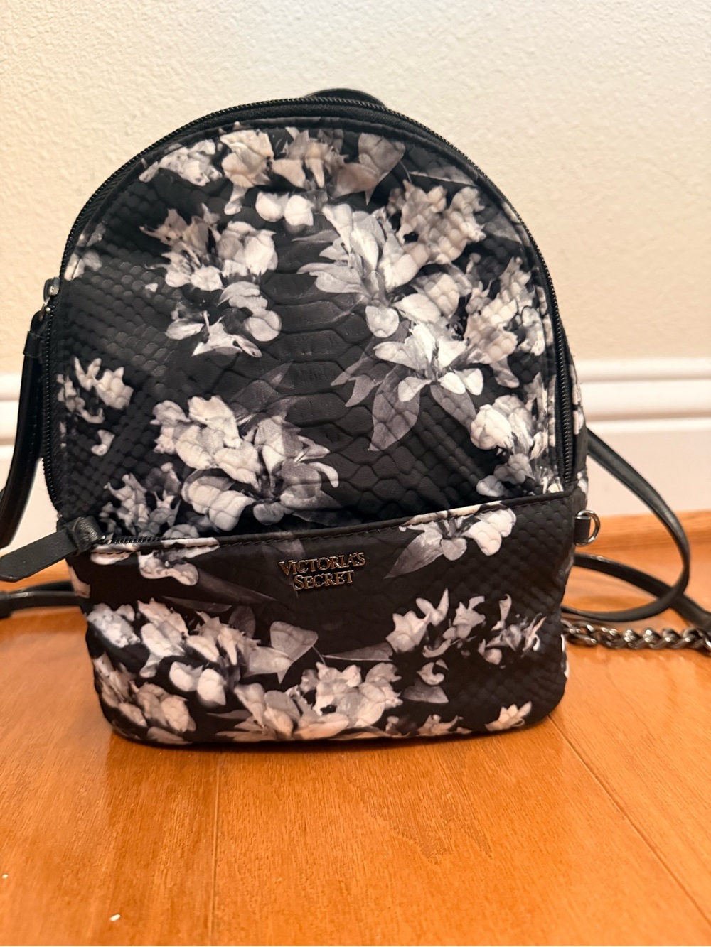 Victoria's Secret Black Floral Quilted Mini Backpack